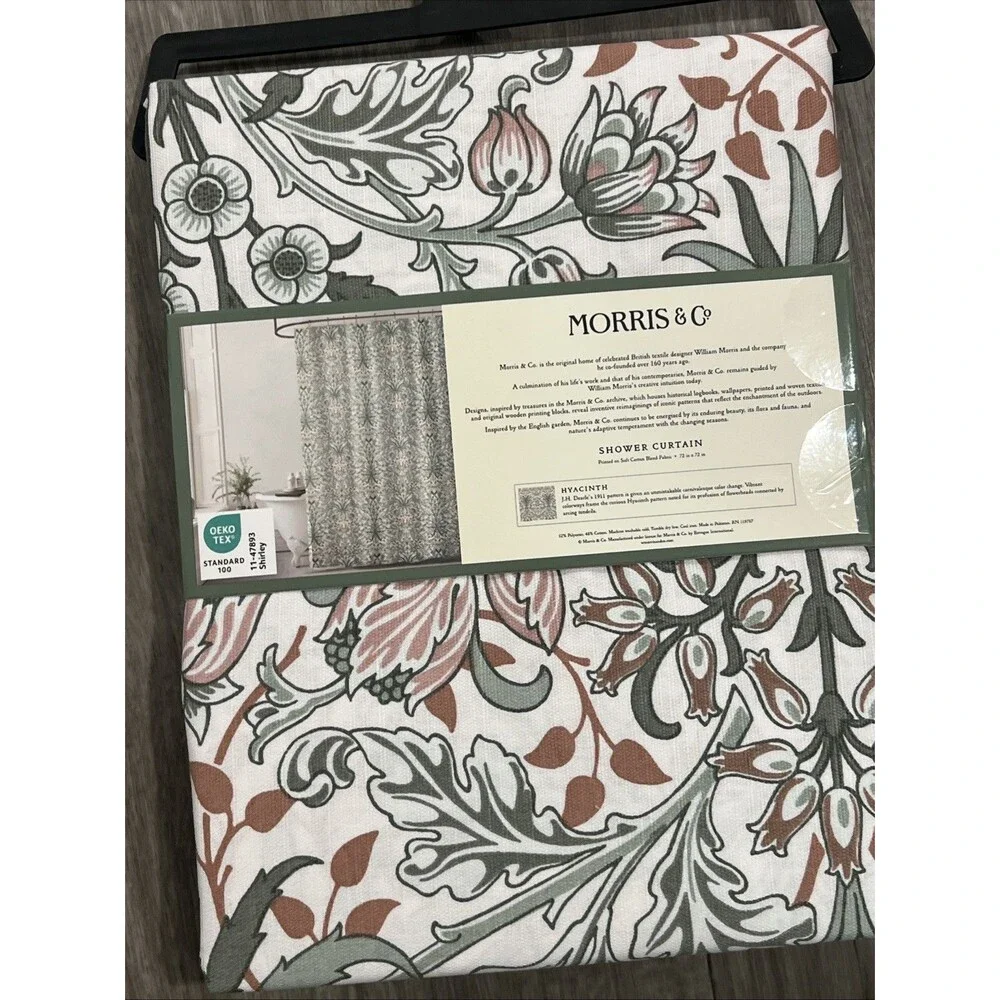 Morris & Co Hyacinth Green Floral Cotton Blend Fabric Shower Curtain 72 X 72 New